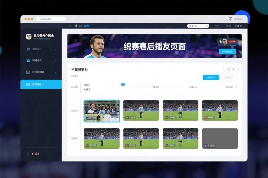 比赛结束后，电视屏幕展示集锦回放页面，旁边有时间轴和多角度切换提示